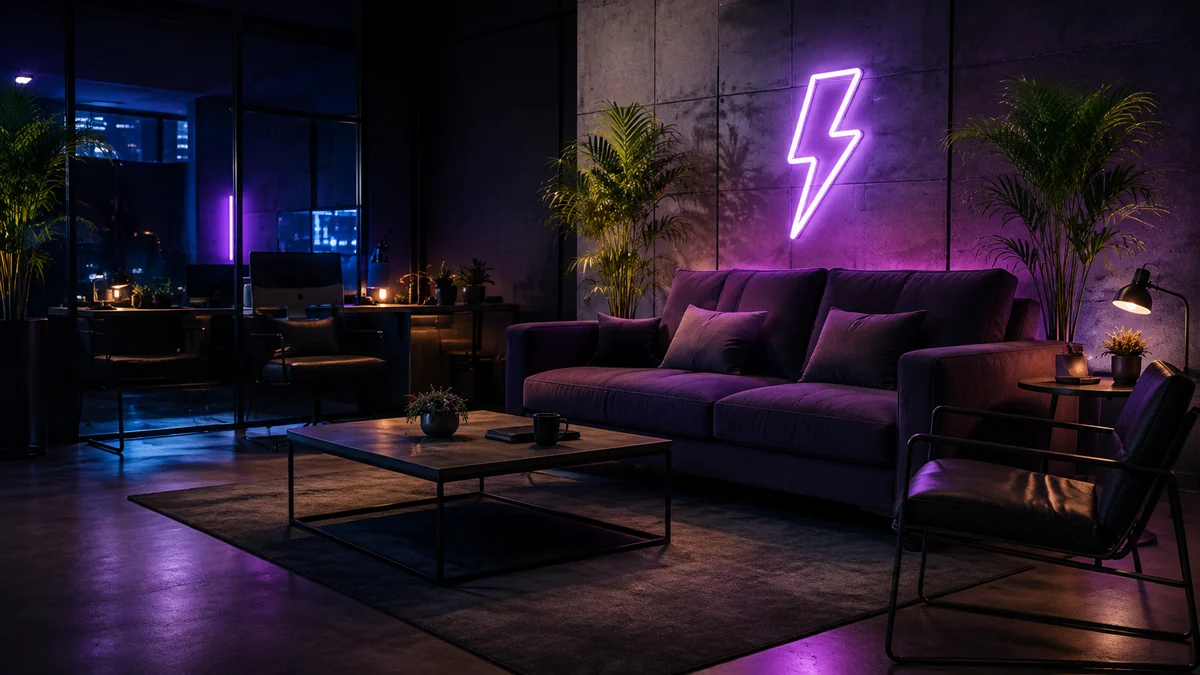 Moderne neonverlichte lounge en werkplek